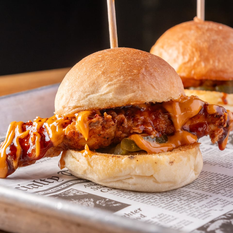 Crispy chicken slider with melted cheese and pickles, served on newspaper-patterned paper.